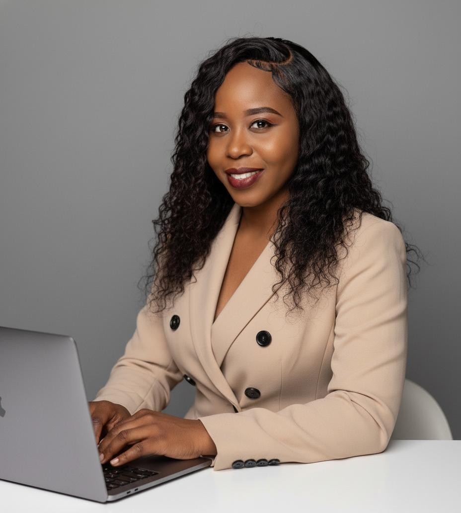 Corporate african woman working on laptop